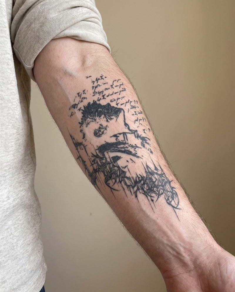 Beast Of Darkness Script semi-permanent tattoo on forearm