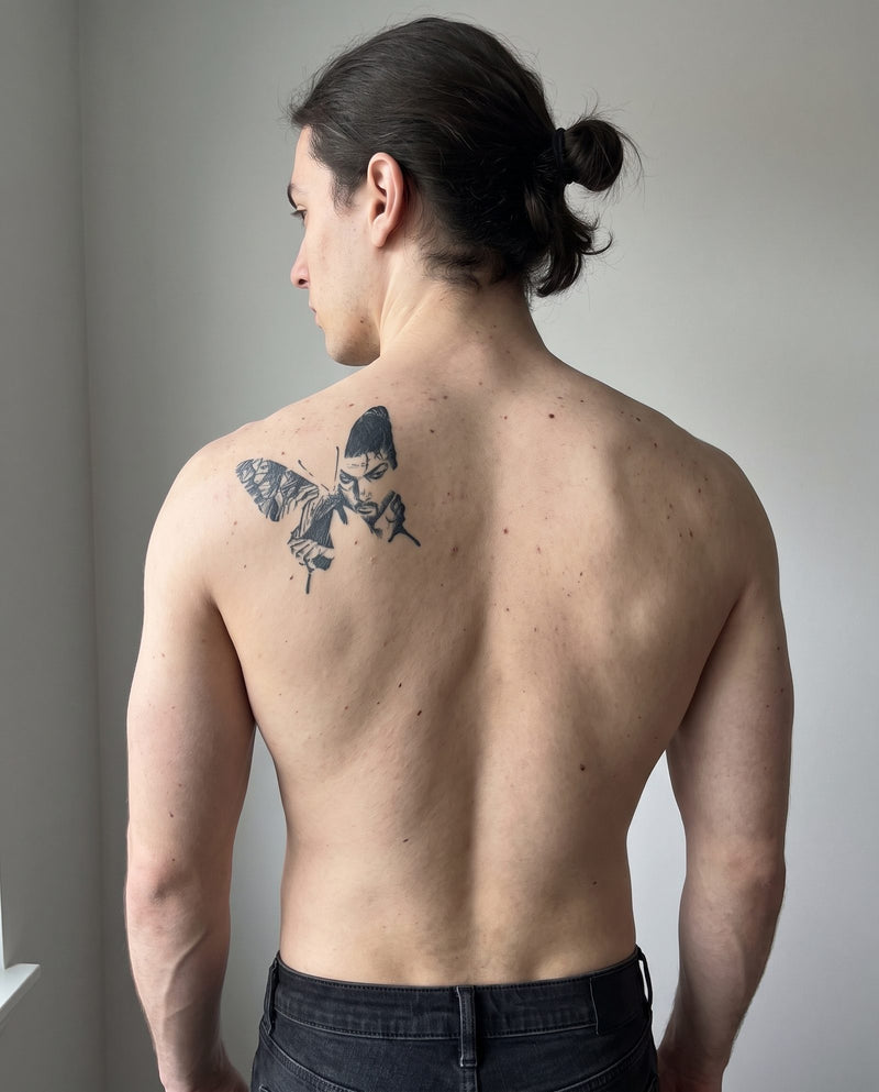 Butterfly Samurai semi-permanent tattoo on left shoulder blade