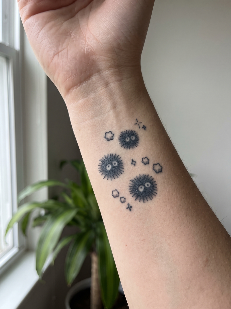Soot Sprite temporary tattoo shown on a wrist