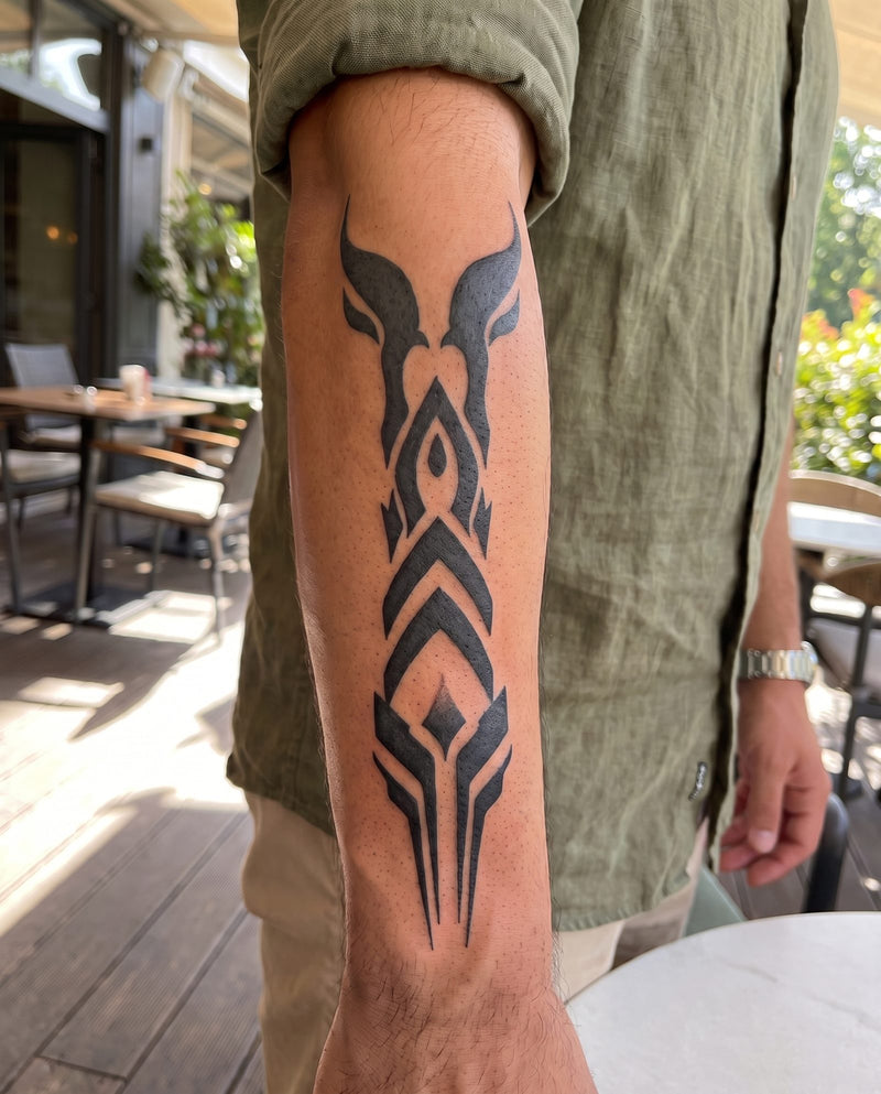Karma Seal semi-permanent tattoo on forearm