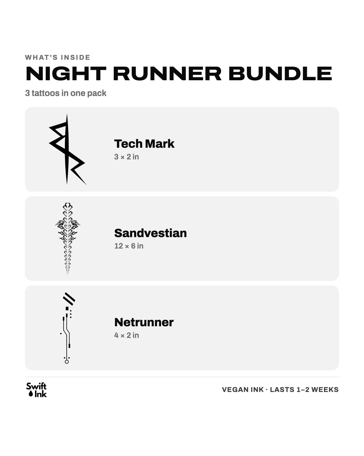 What's inside the Night Runner Bundle: the designs and their sizes