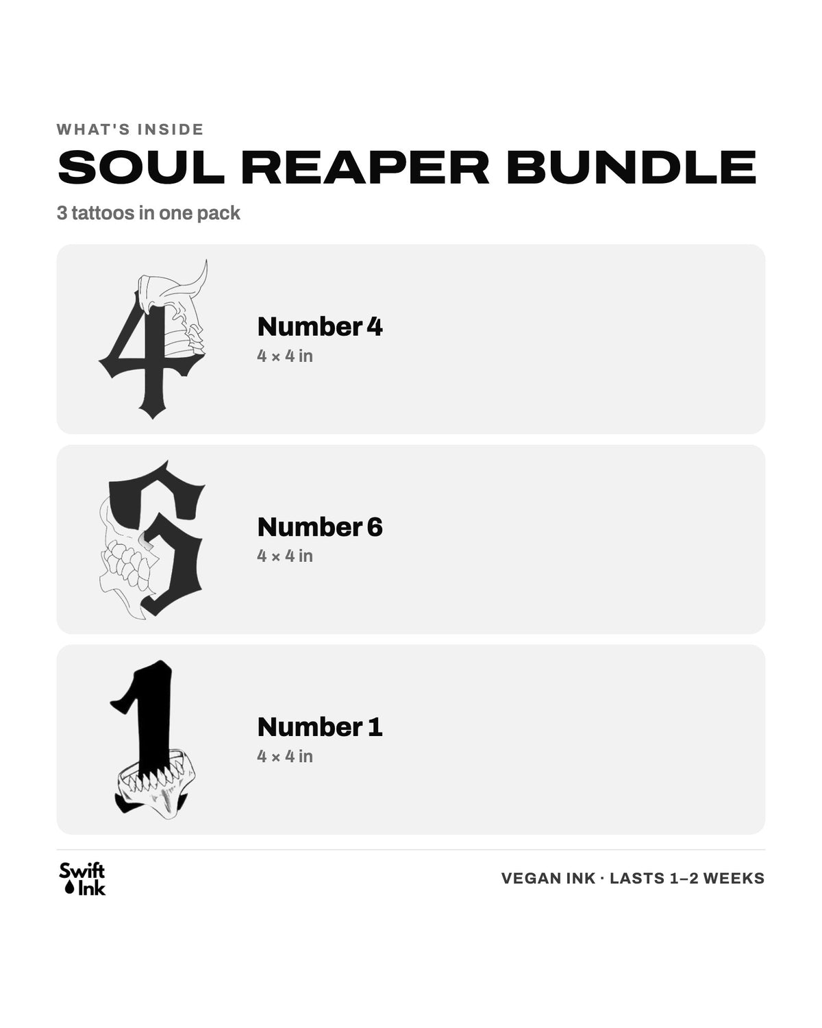 What's inside the Soul Reaper Bundle: the designs and their sizes