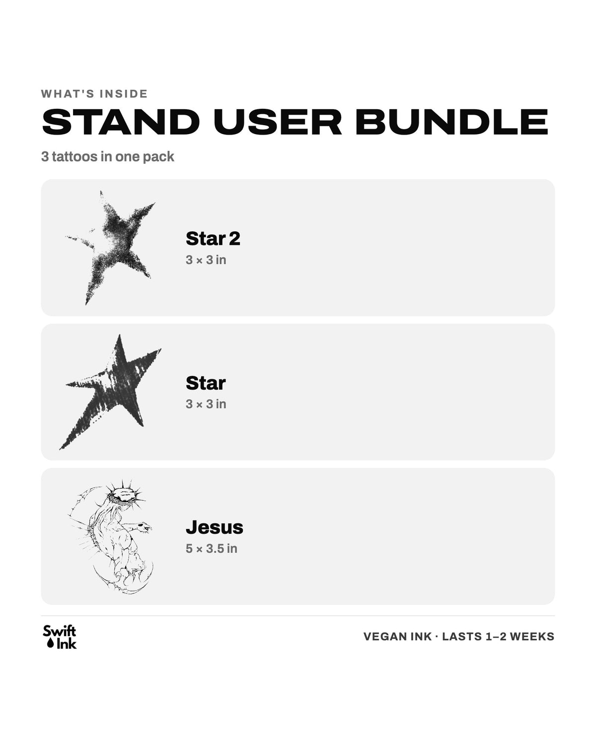 What's inside the Stand User Bundle: the designs and their sizes