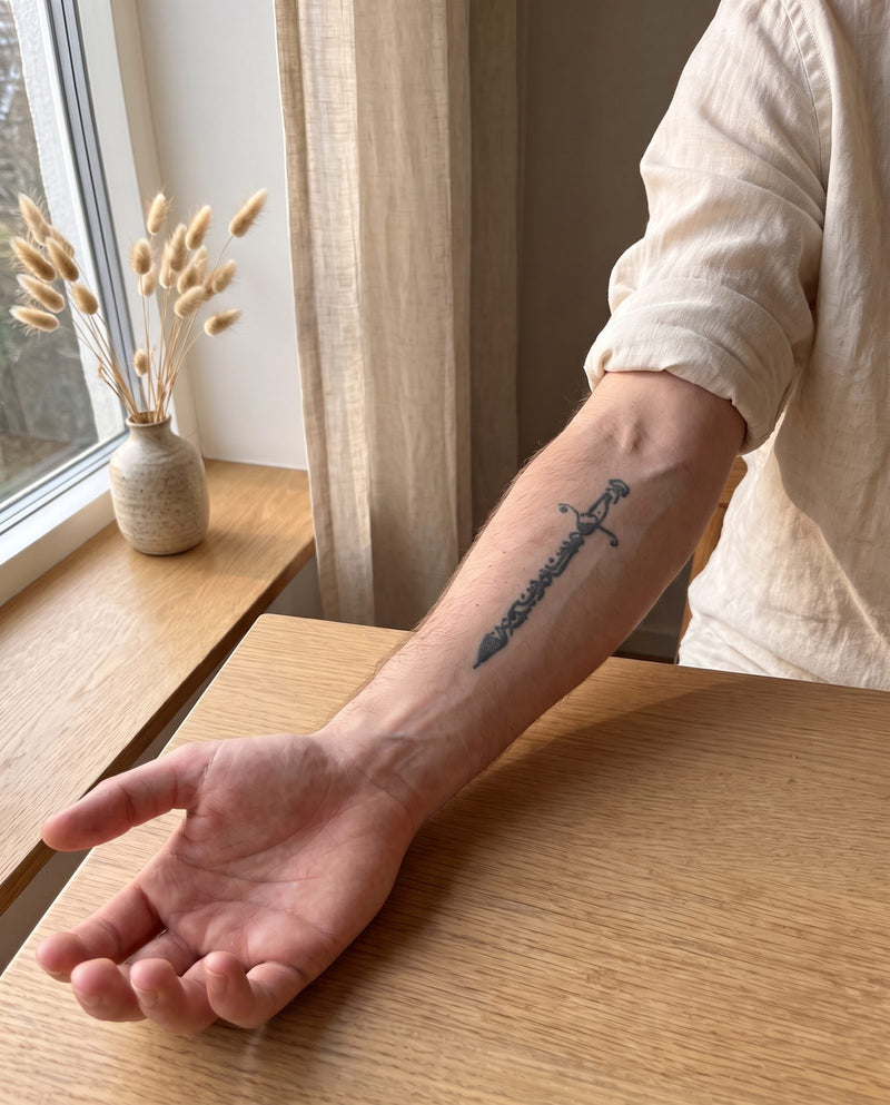 Sword semi-permanent tattoo on inner forearm