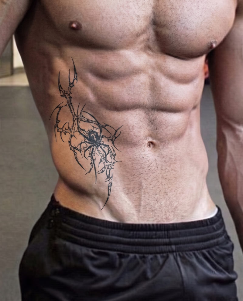Thorn Spider semi-permanent tattoo on side abs